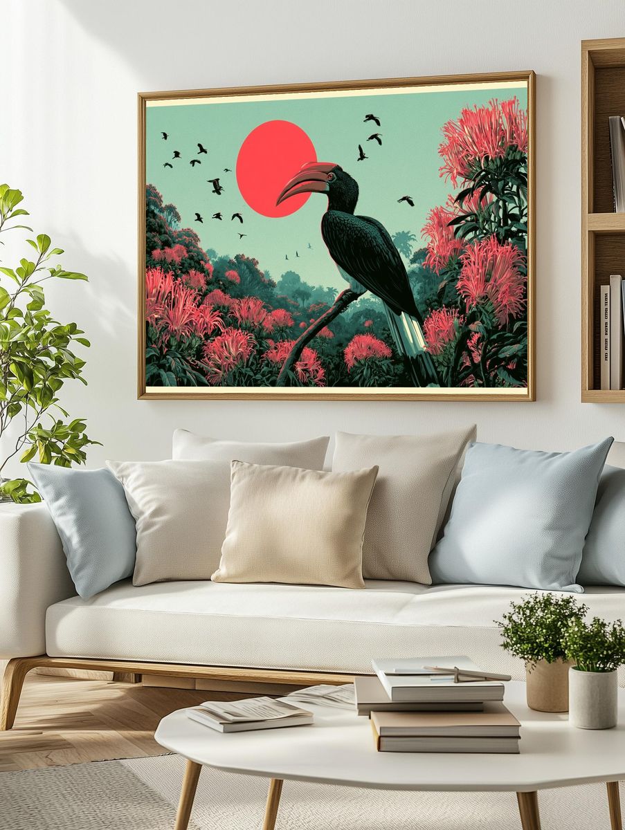 Tropical Hornbill Sunset Print. — room view 2