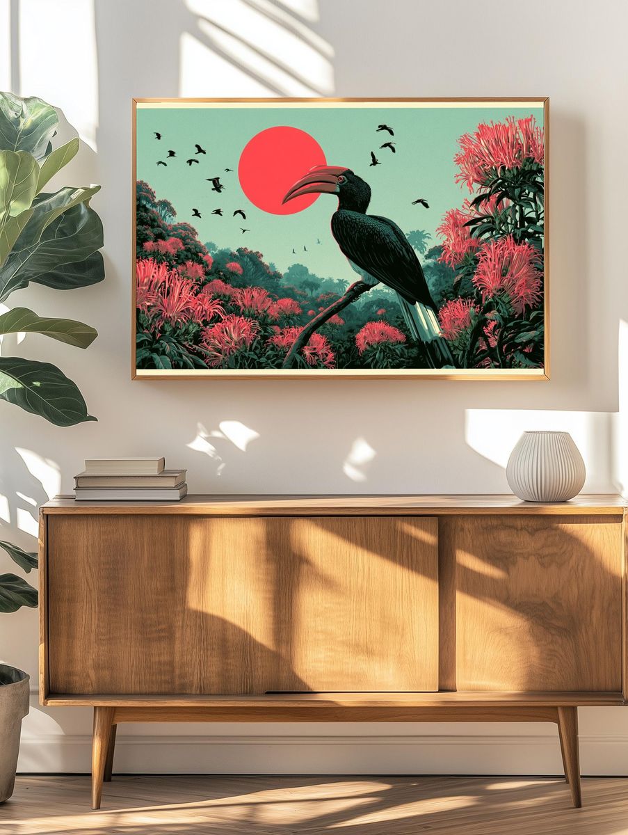 Tropical Hornbill Sunset Print. — room view 3