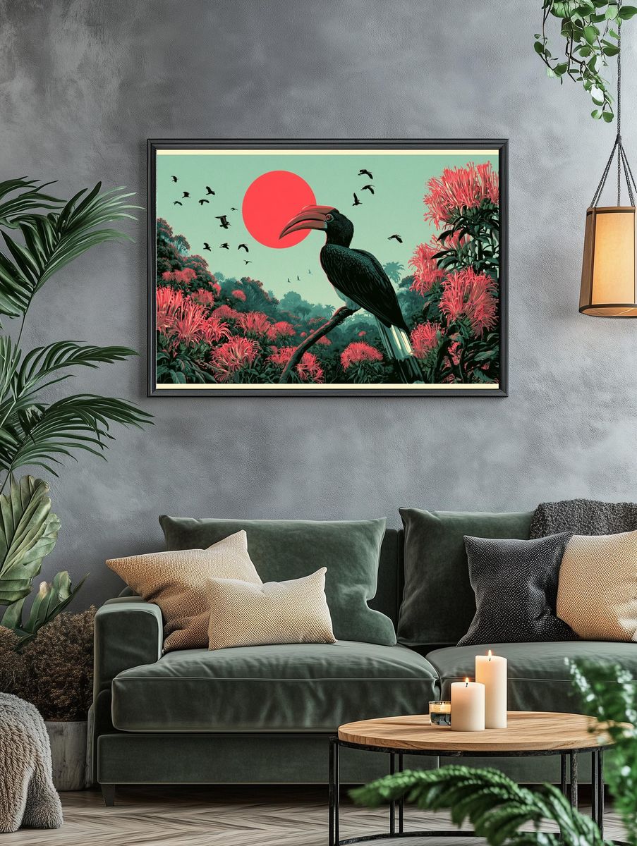 Tropical Hornbill Sunset Print. — room view 4