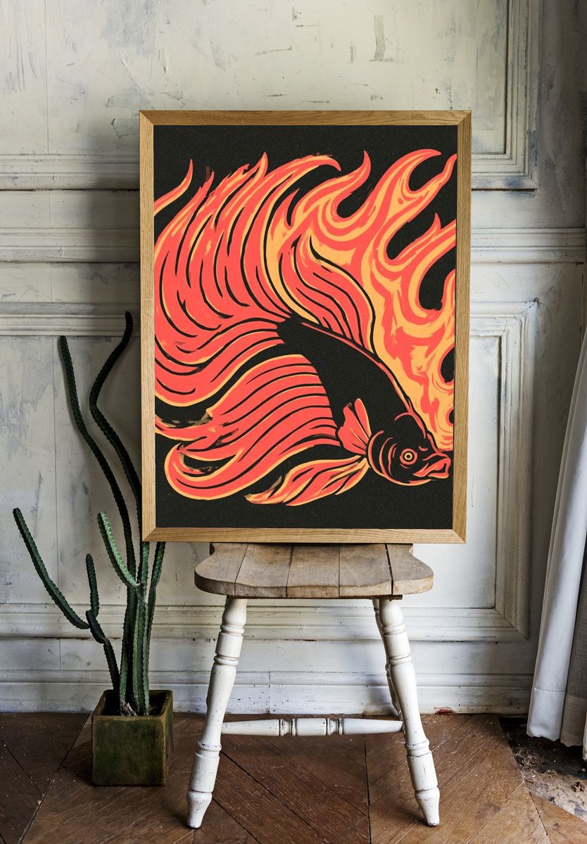 Flaming Betta Fish Illustration Poster. — room view 1