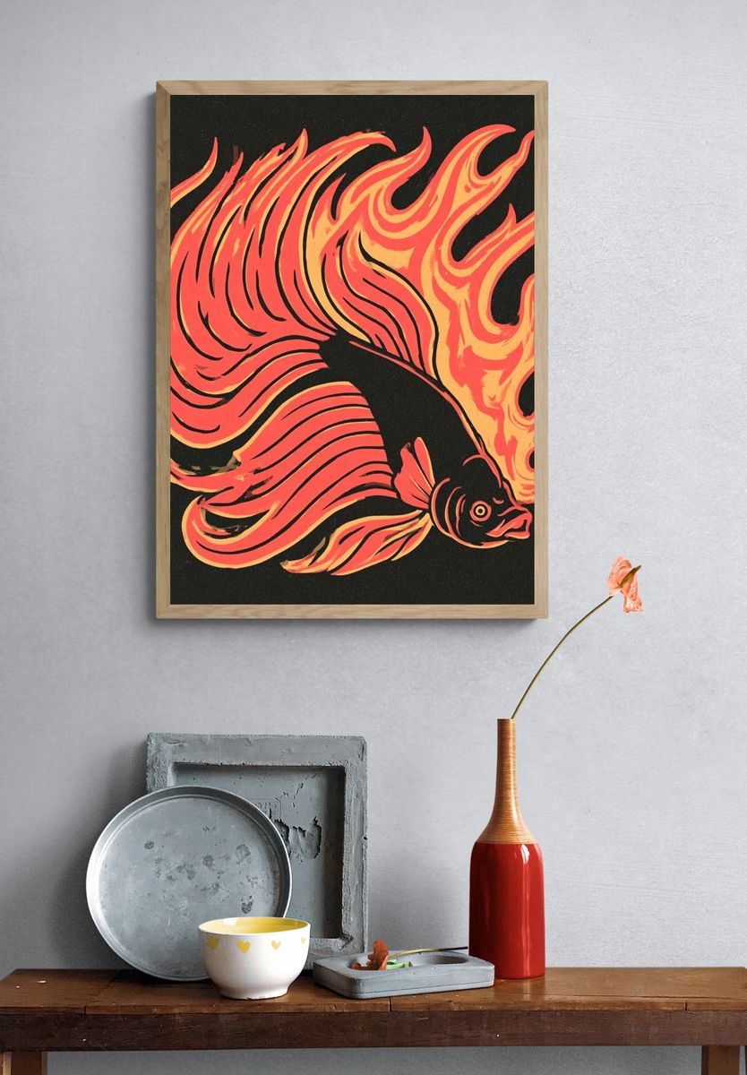 Flaming Betta Fish Illustration Poster. — room view 3