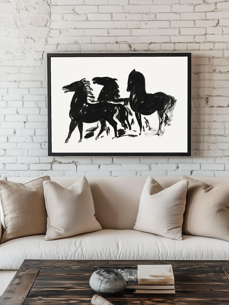 Drie zwarte paarden staand naar room preview