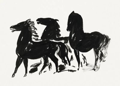 Drie zwarte paarden staand naar. poster
