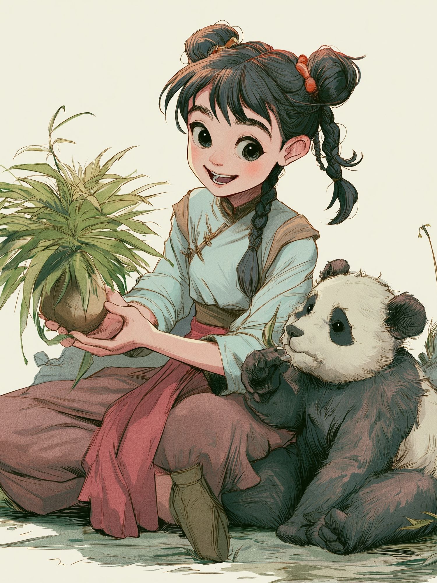 Panda Girl with Plant Illustration Poster. poster detail