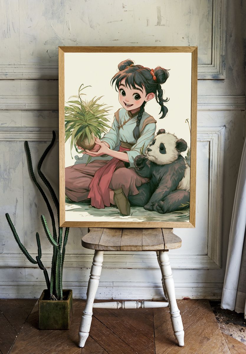 Panda Girl with Plant Illustration Poster. room preview