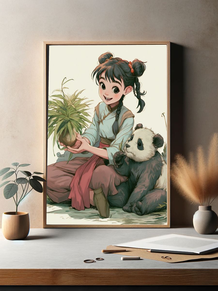 Panda Girl with Plant Illustration Poster. — room view 2