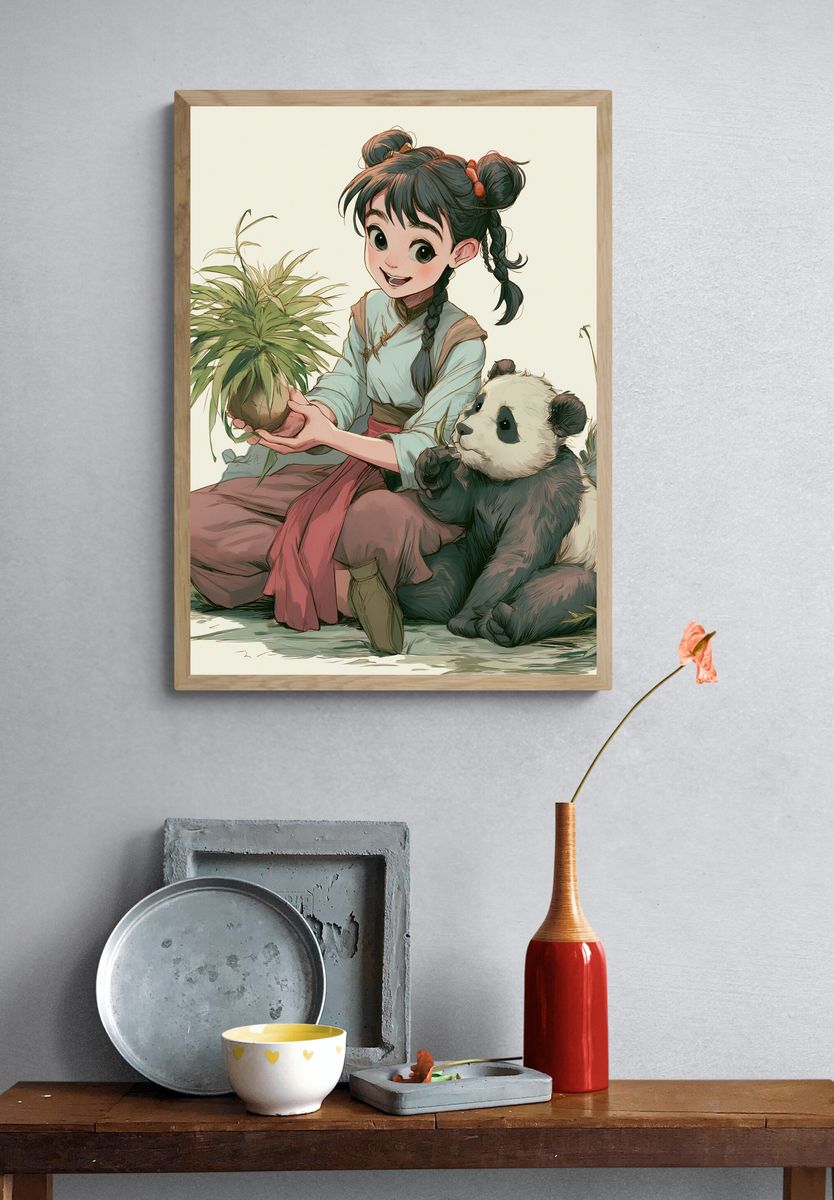 Panda Girl with Plant Illustration Poster. — room view 3