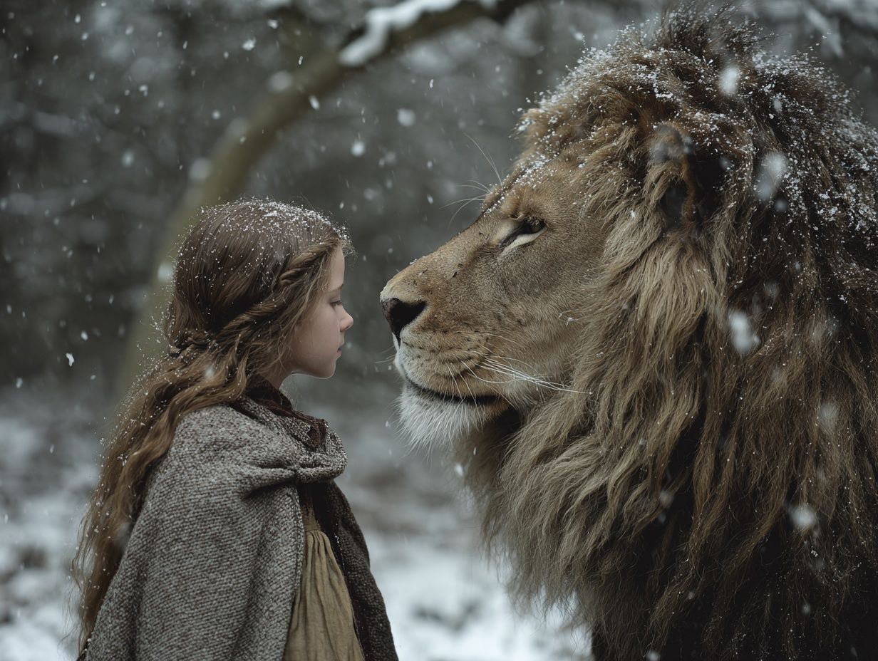 Girl and Lion Winter Portrait Print. poster — animals art