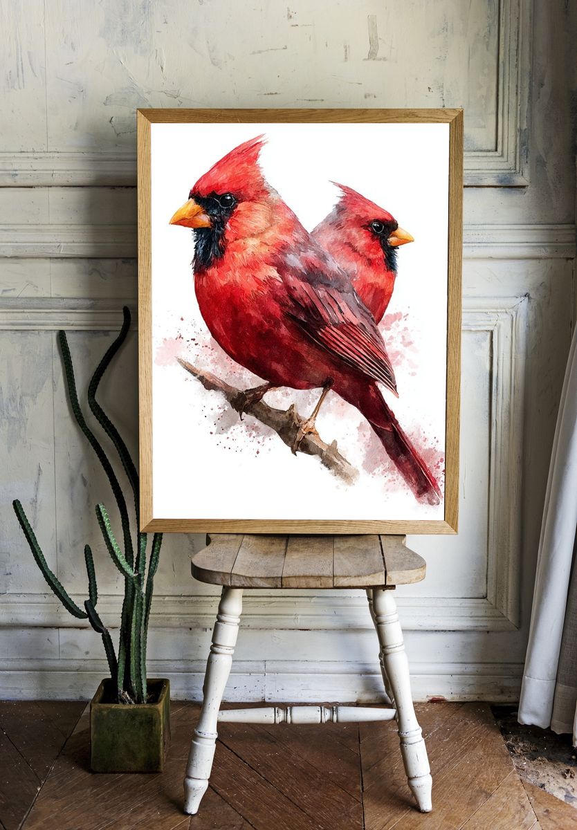 Cardinal Pair Watercolor Poster. — room view 1