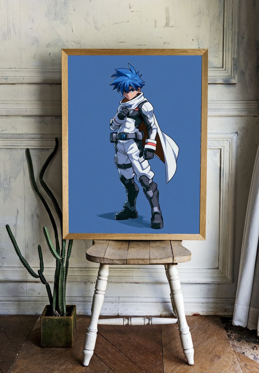 Blue-Haired Anime Hero Poster. — room view 1