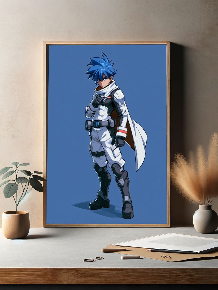 Blue-Haired Anime Hero Poster. — room view 2