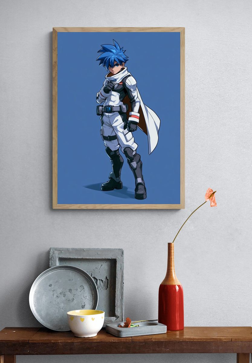 Blue-Haired Anime Hero Poster. — room view 3
