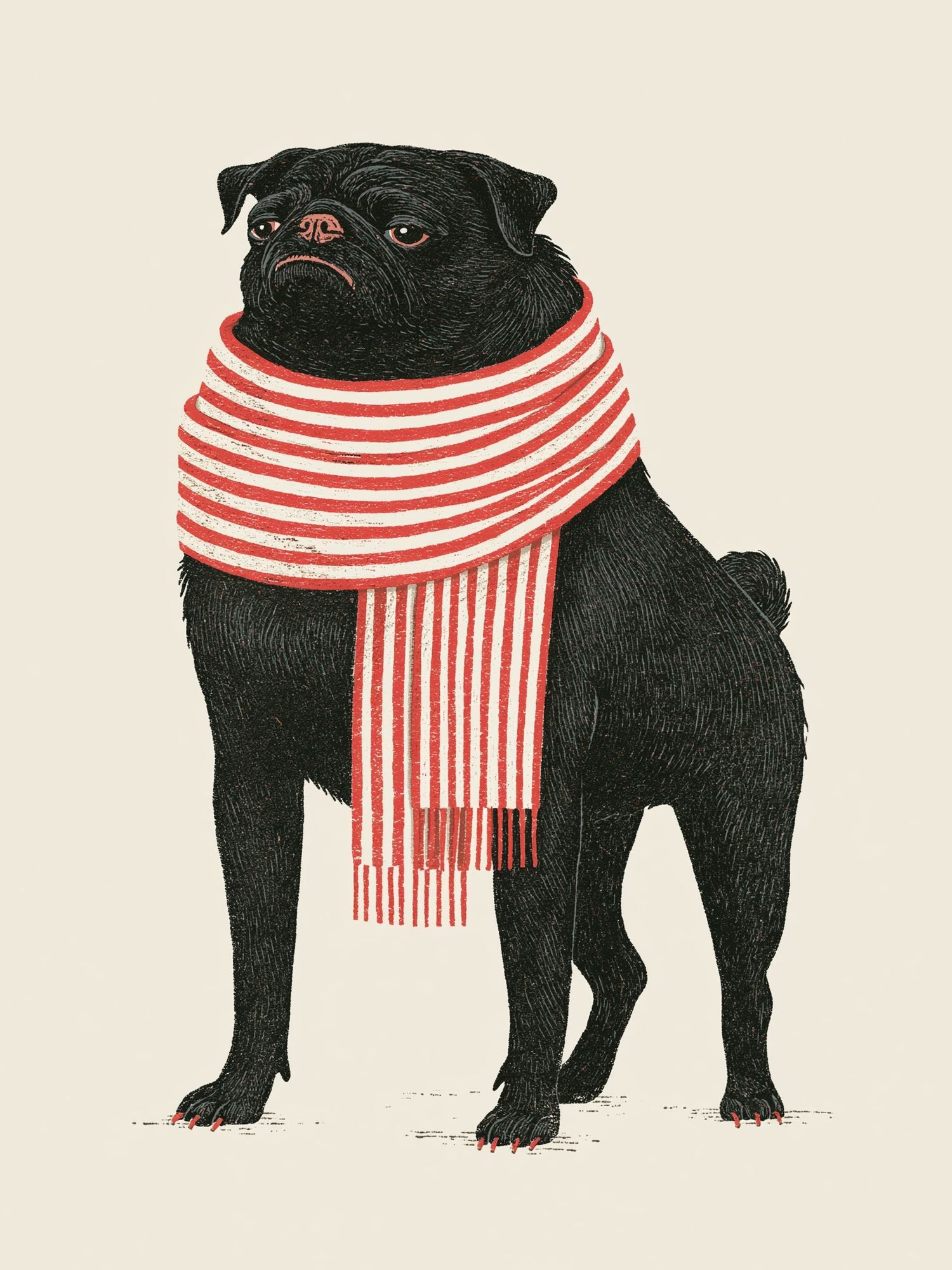 Pug in Striped Scarf Illustration Poster. poster detail