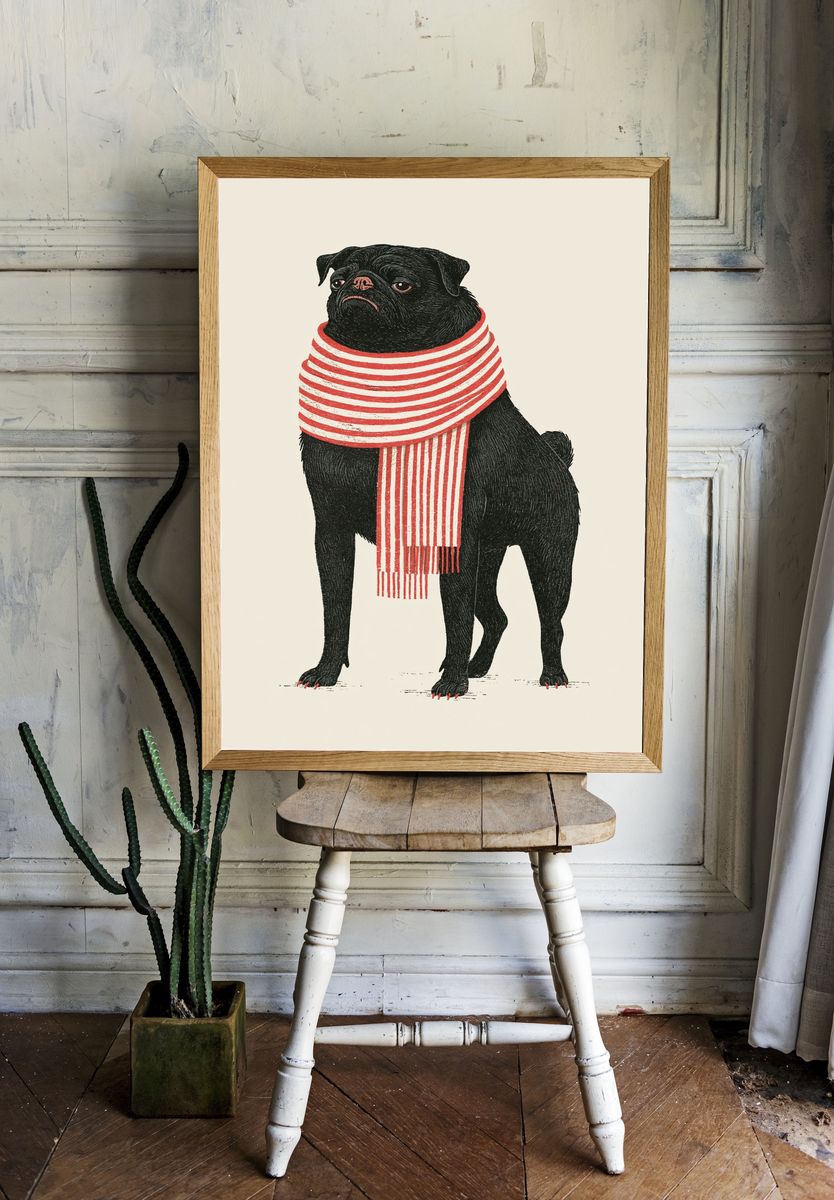 Pug in Striped Scarf Illustration Poster. — room view 1
