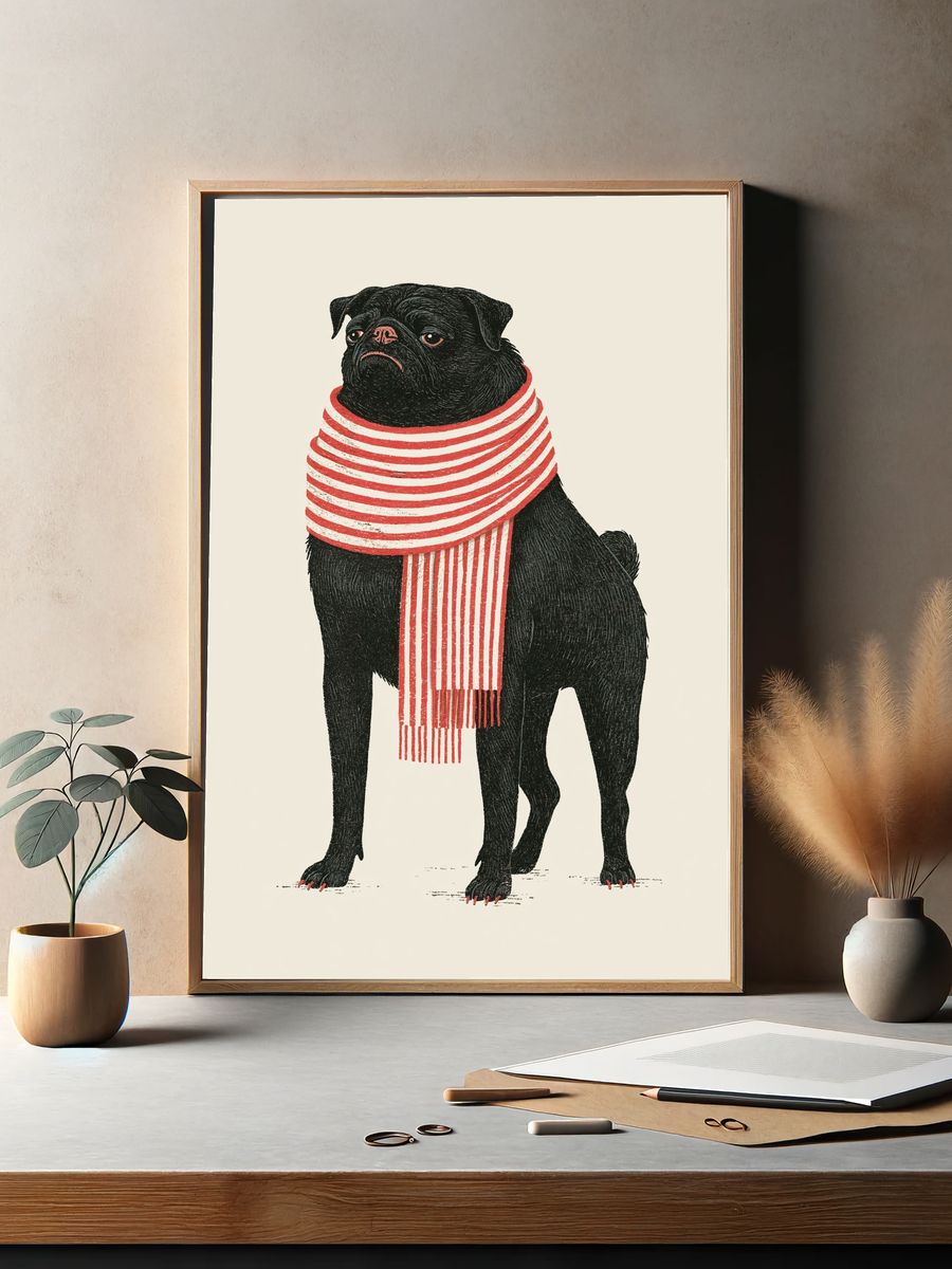 Pug in Striped Scarf Illustration Poster. — room view 2