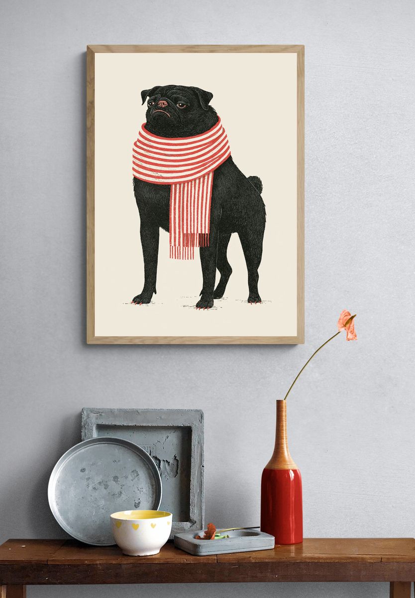 Pug in Striped Scarf Illustration Poster. — room view 3