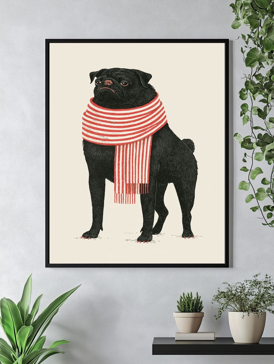 Pug in Striped Scarf Illustration Poster. — room view 4
