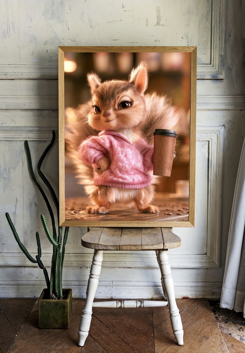 Cute Squirrel Coffee Shop Illustration Poster. room preview
