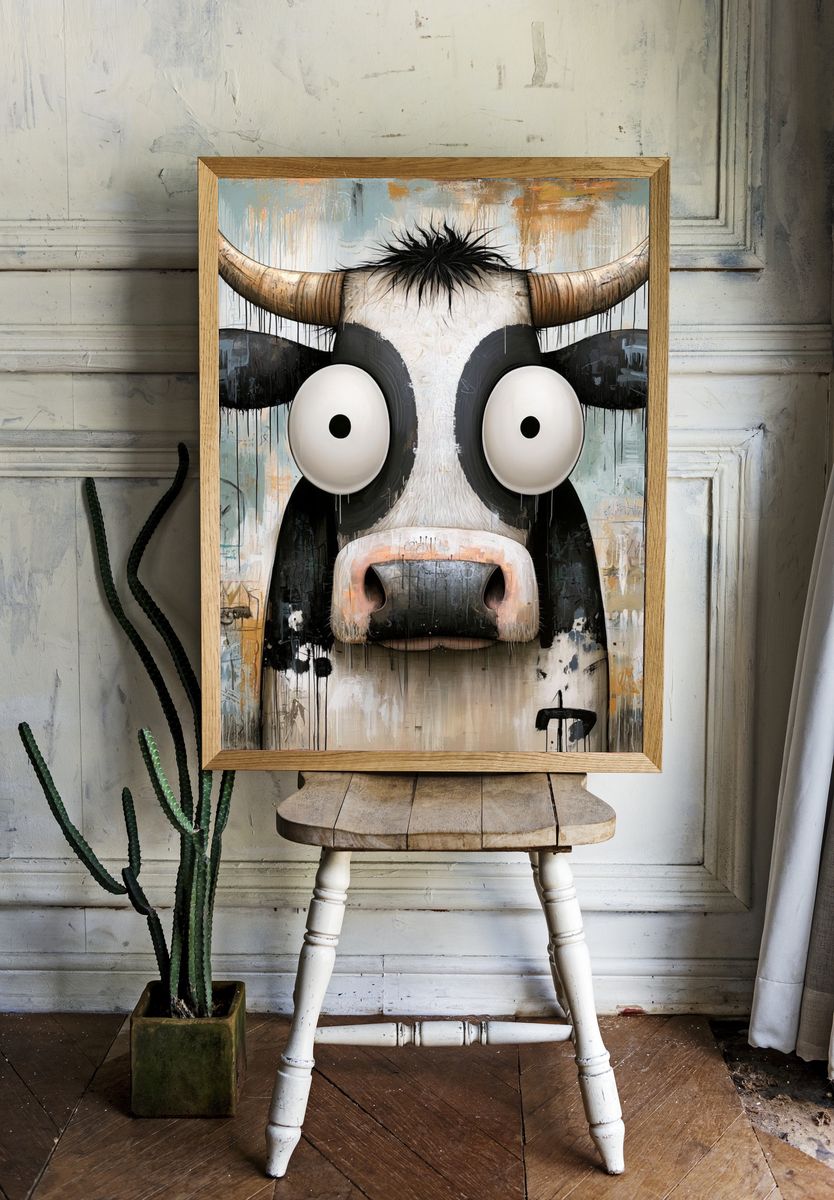 Wide-Eyed Cow Illustration Poster. — room view 1