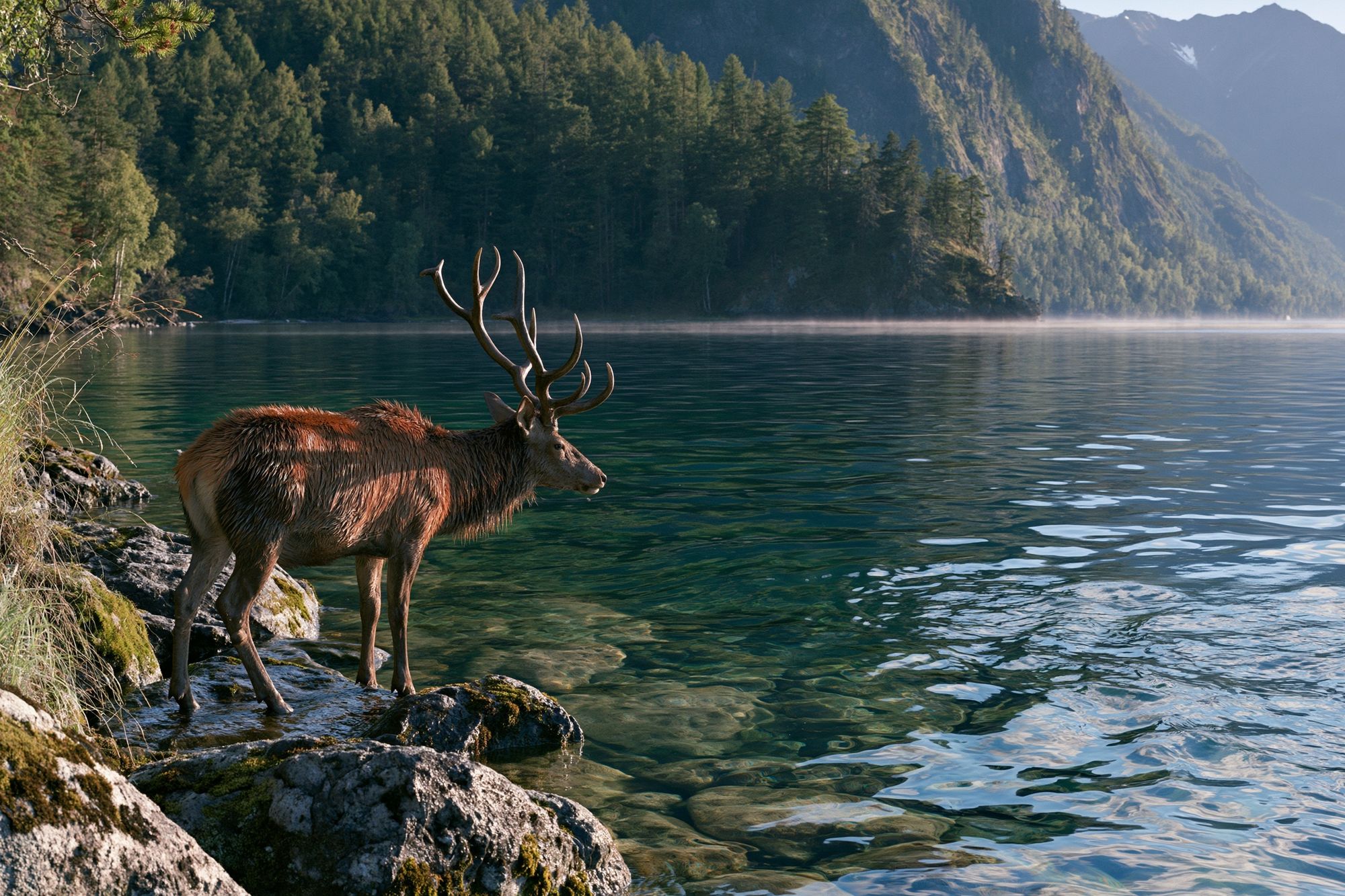 Majestic Deer by Alpine Lake Poster. poster detail
