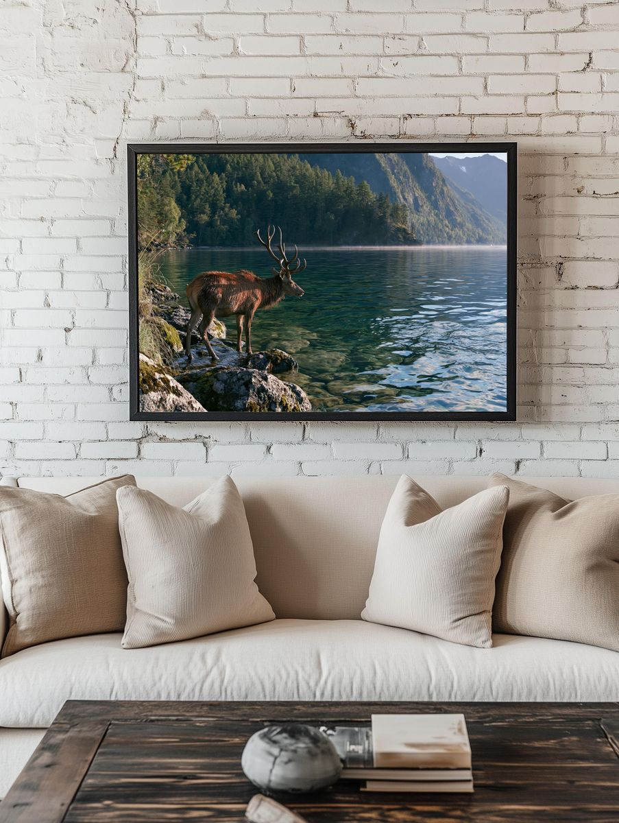 Majestic Deer by Alpine Lake Poster. — room view 1