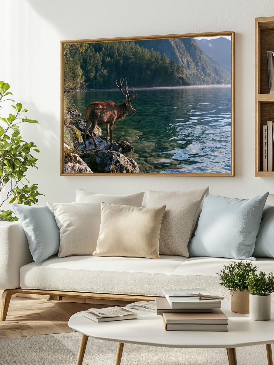 Majestic Deer by Alpine Lake Poster. — room view 2