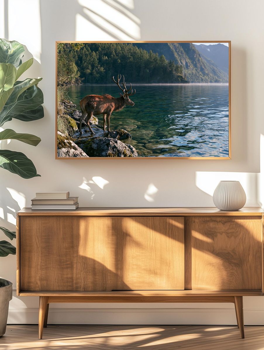 Majestic Deer by Alpine Lake Poster. — room view 3