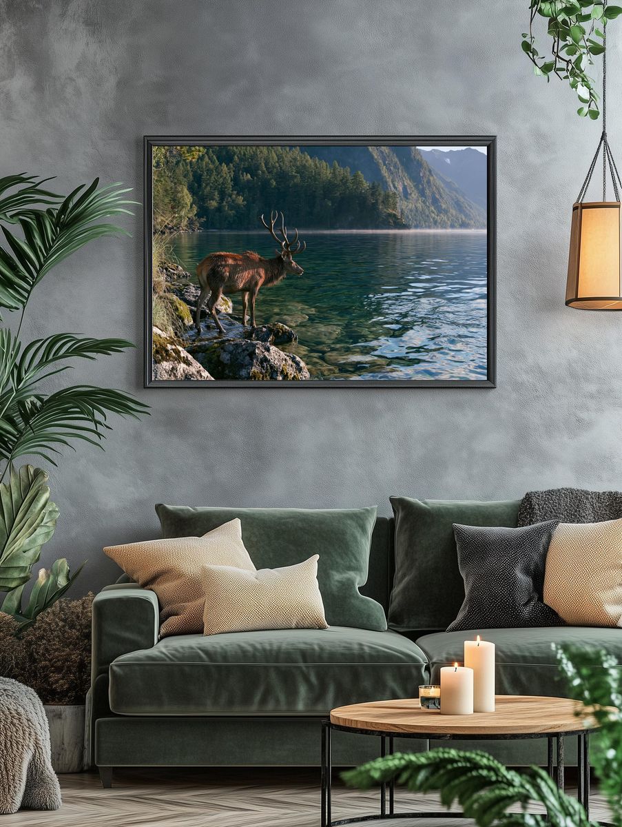 Majestic Deer by Alpine Lake Poster. — room view 4