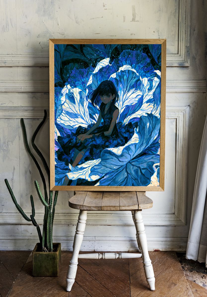Blue Floral Girl Illustration Poster. — room view 1