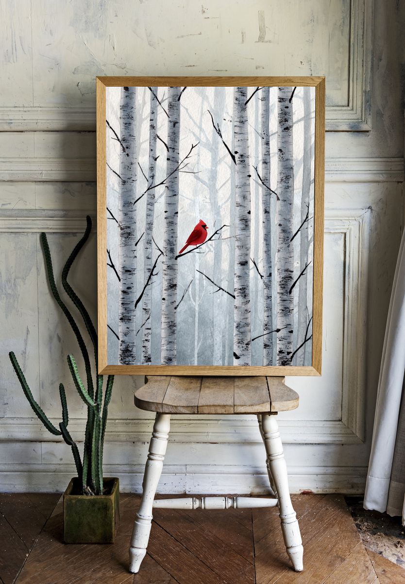 Red Cardinal Birch Forest Print. — room view 1