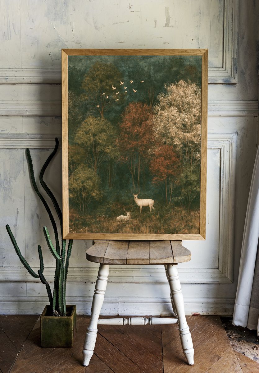 Autumn Deer Forest Print. room preview