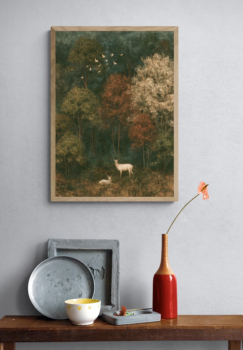 Autumn Deer Forest Print. — room view 3