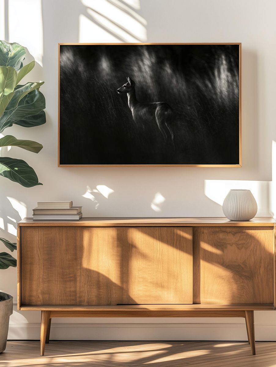 Deer in Moonlit Grass Photography Poster. — room view 3