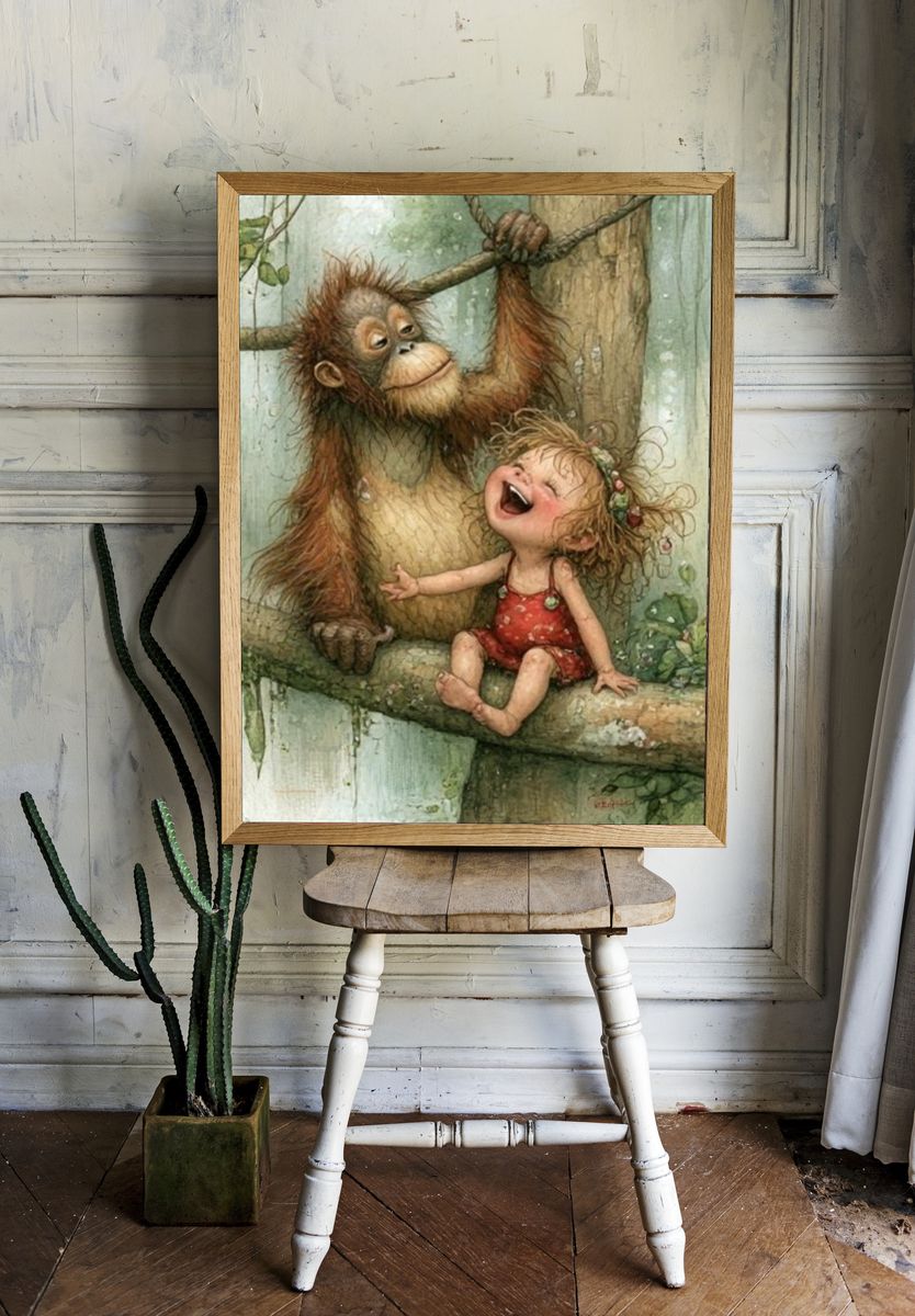 Orangutan and Child Watercolor Print. — room view 1