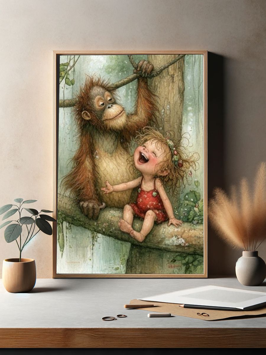 Orangutan and Child Watercolor Print. — room view 2