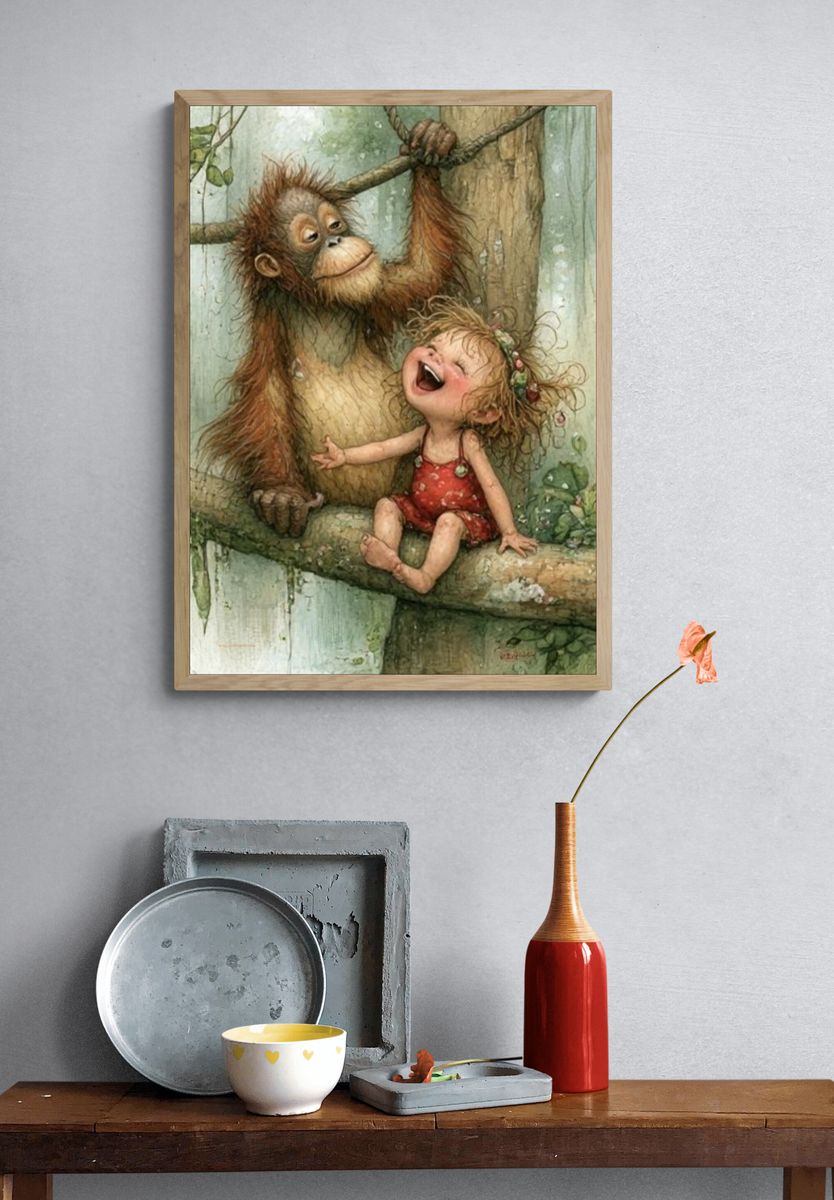 Orangutan and Child Watercolor Print. — room view 3
