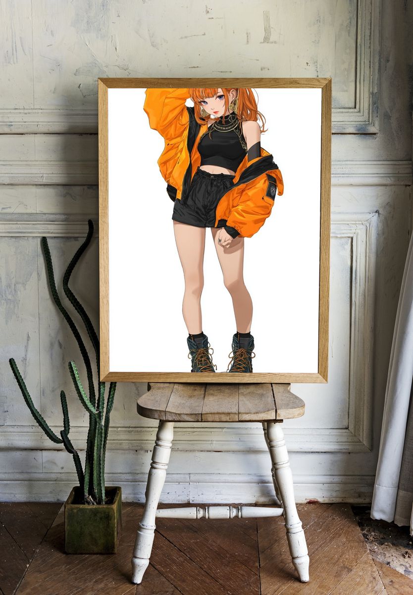 Orange Streetwear Anime Girl Poster. room preview