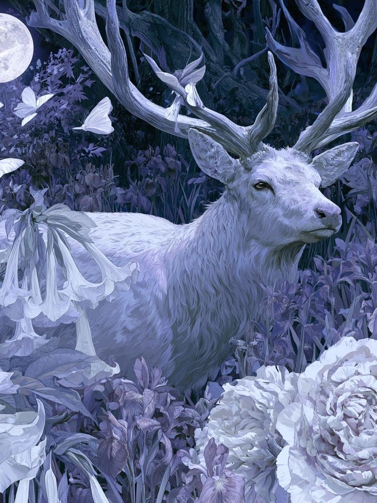 Moonlit Stag Floral Fantasy Print. poster detail
