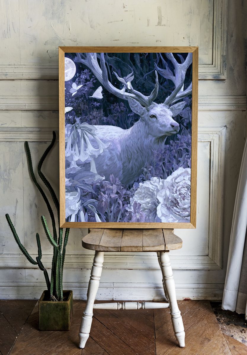 Moonlit Stag Floral Fantasy Print. — room view 1