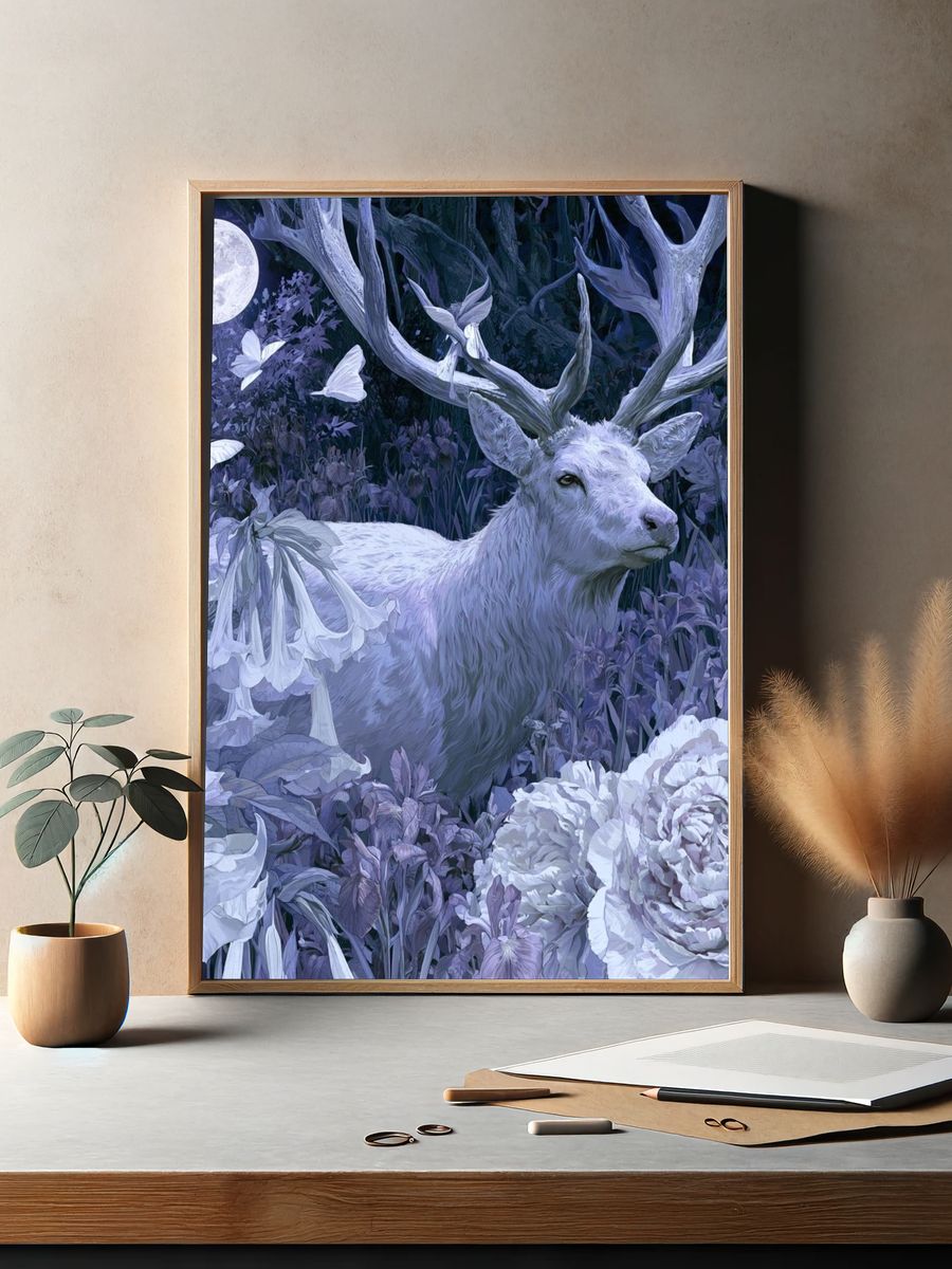 Moonlit Stag Floral Fantasy Print. — room view 2