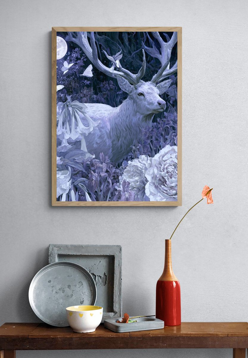 Moonlit Stag Floral Fantasy Print. — room view 3