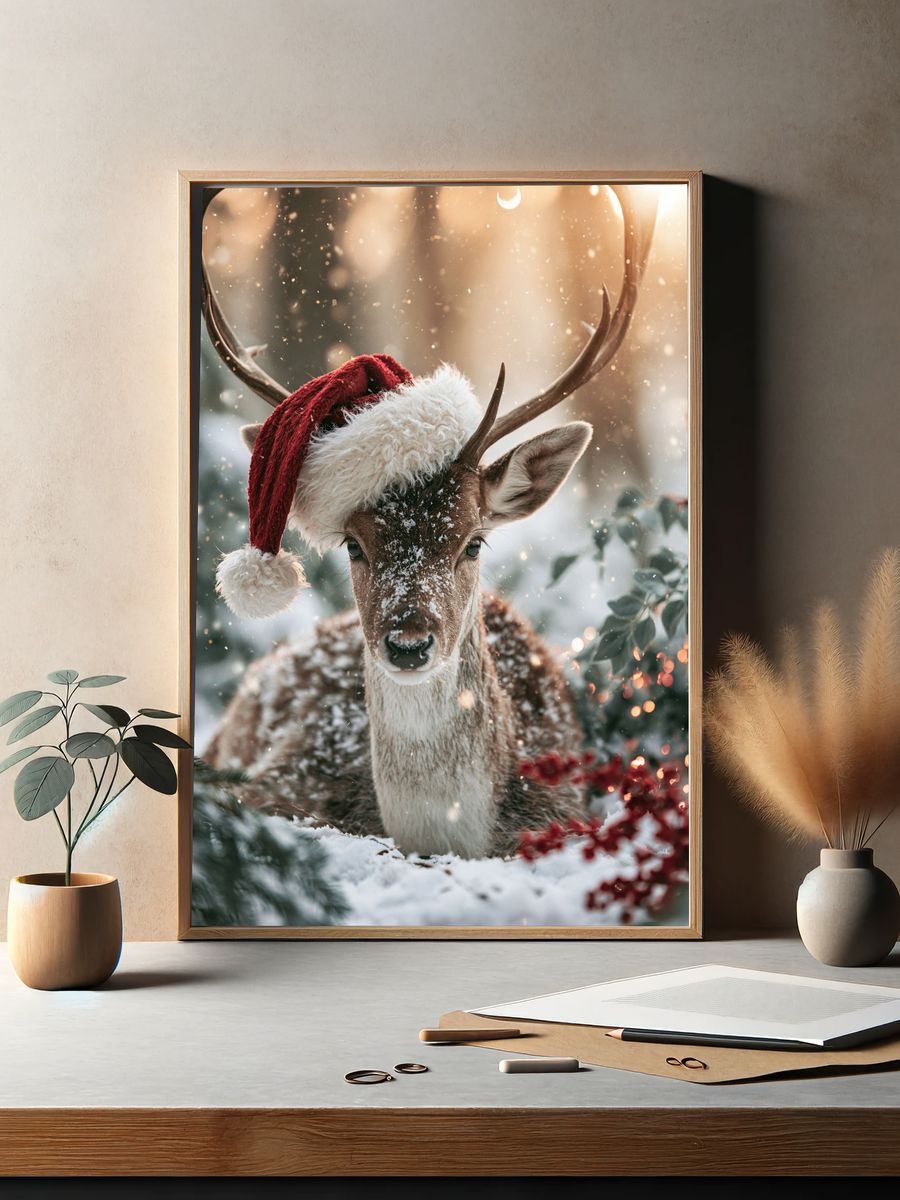 Christmas Deer Portrait Print. — room view 2