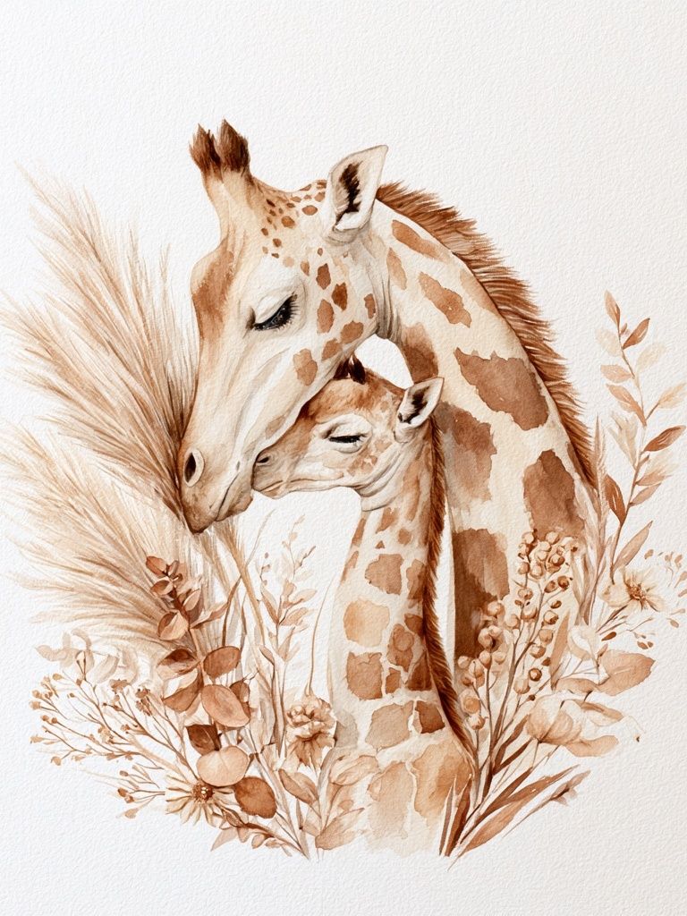 Giraffe Mother and Calf Watercolor Poster. poster — animals art