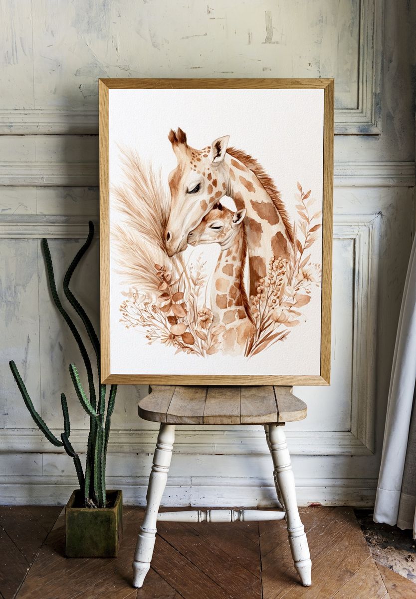 Giraffe Mother and Calf Watercolor Poster. — room view 1