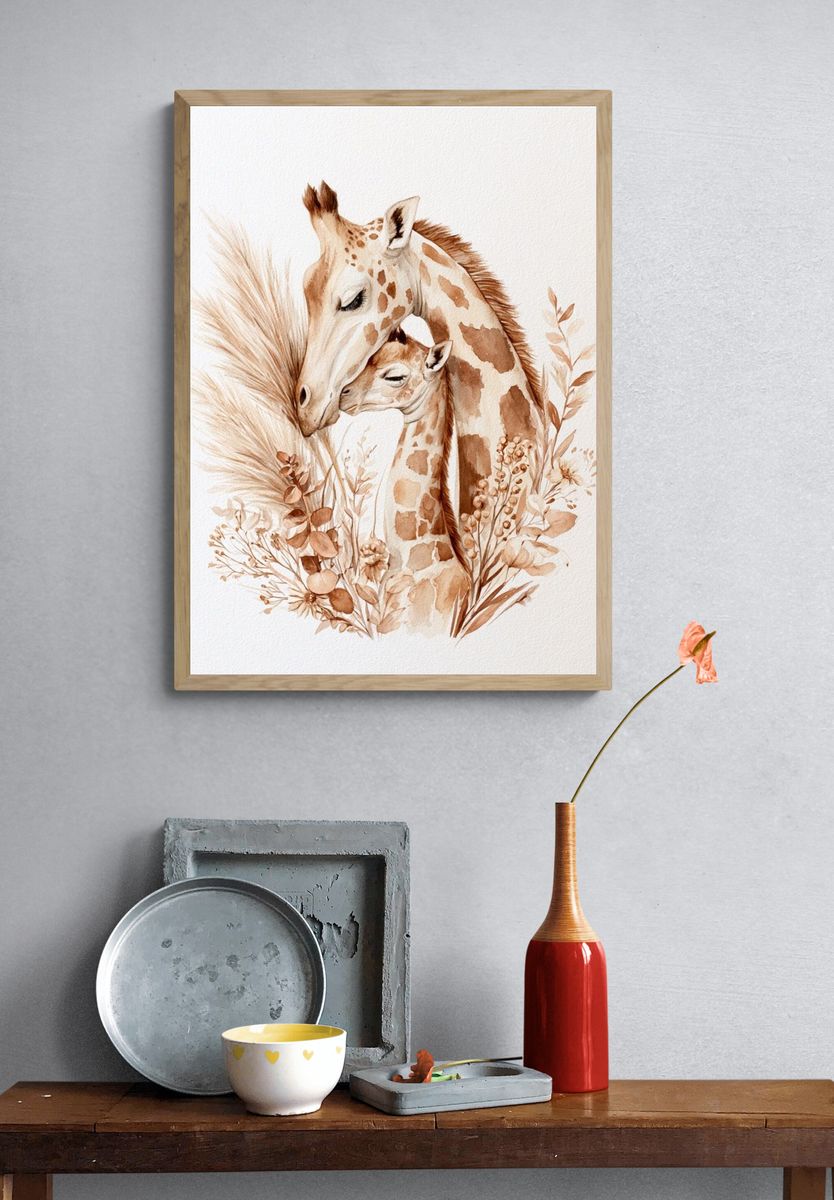 Giraffe Mother and Calf Watercolor Poster. — room view 3
