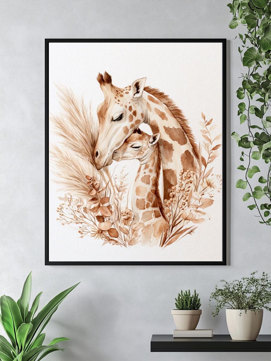 Giraffe Mother and Calf Watercolor Poster. — room view 4