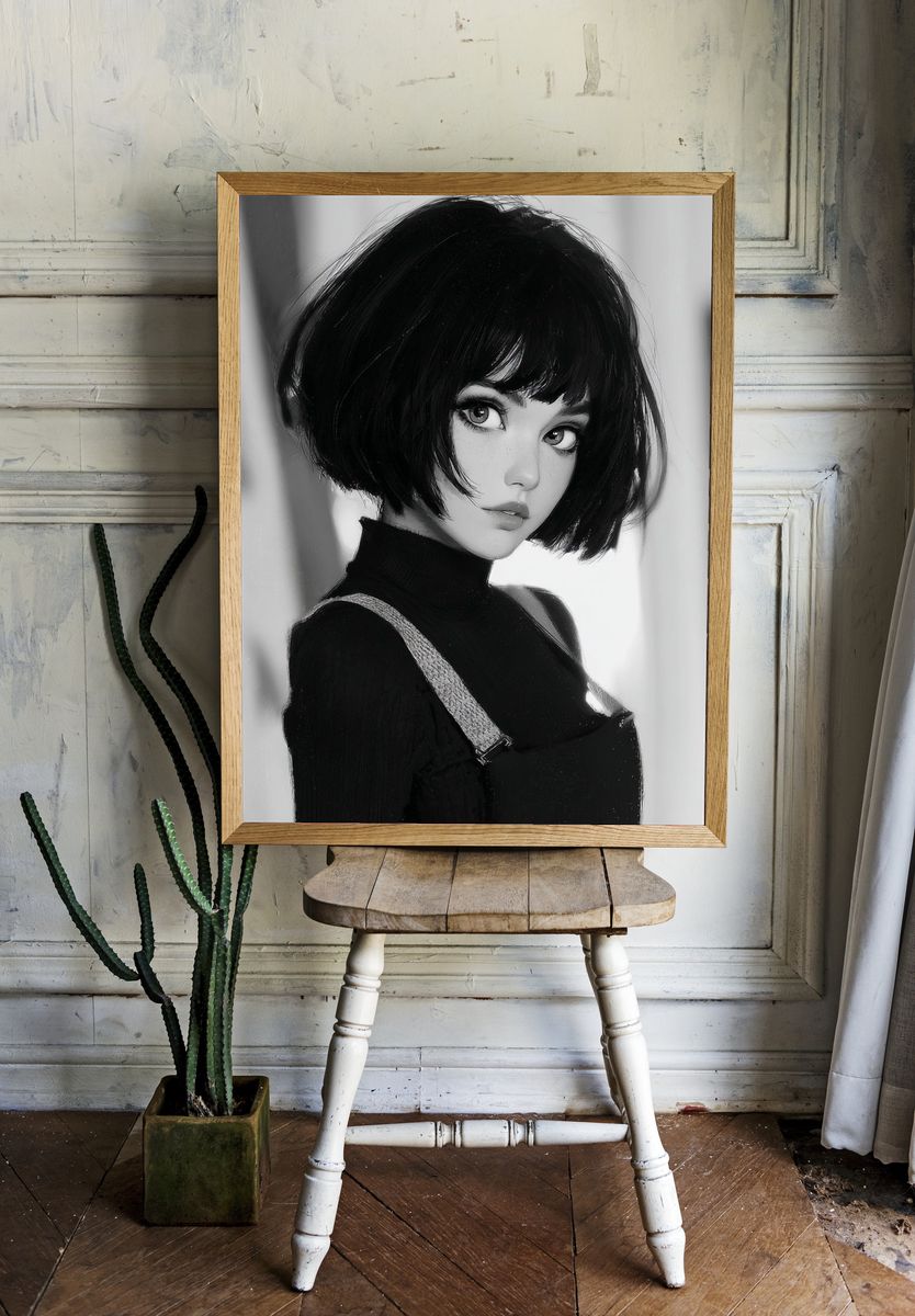Anime Portrait Black-White Poster. — room view 1
