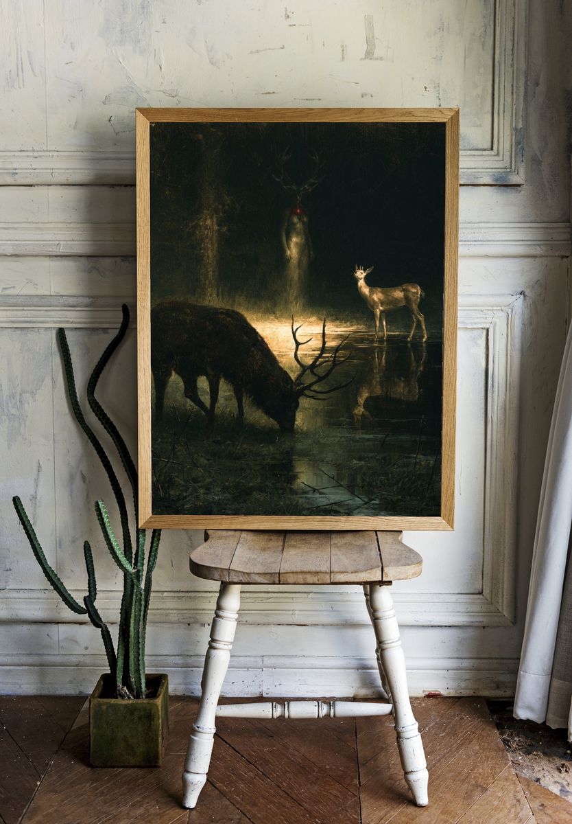 Moonlit Deer Forest Poster. room preview
