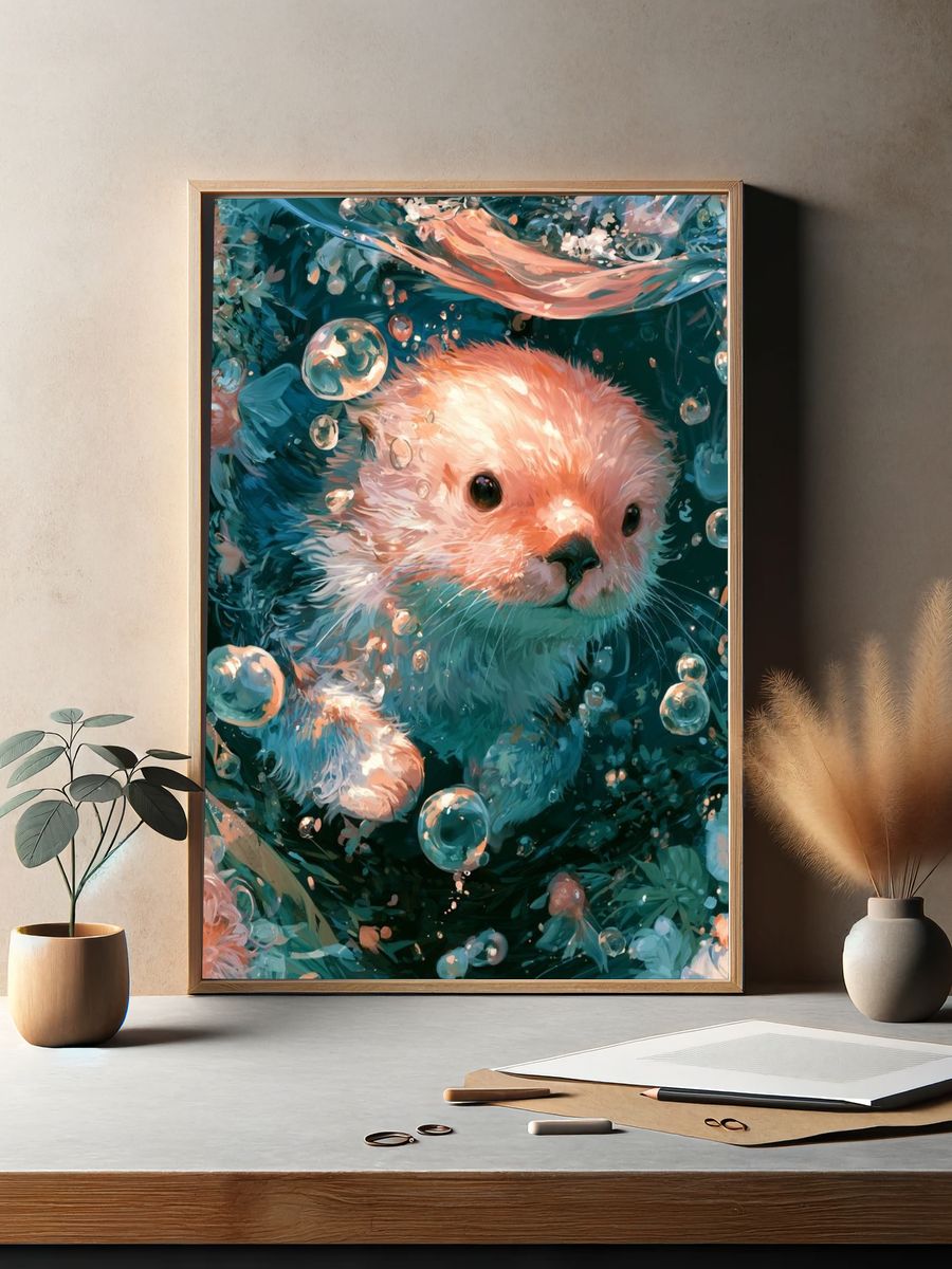 Otter Underwater Illustration Poster. — room view 2