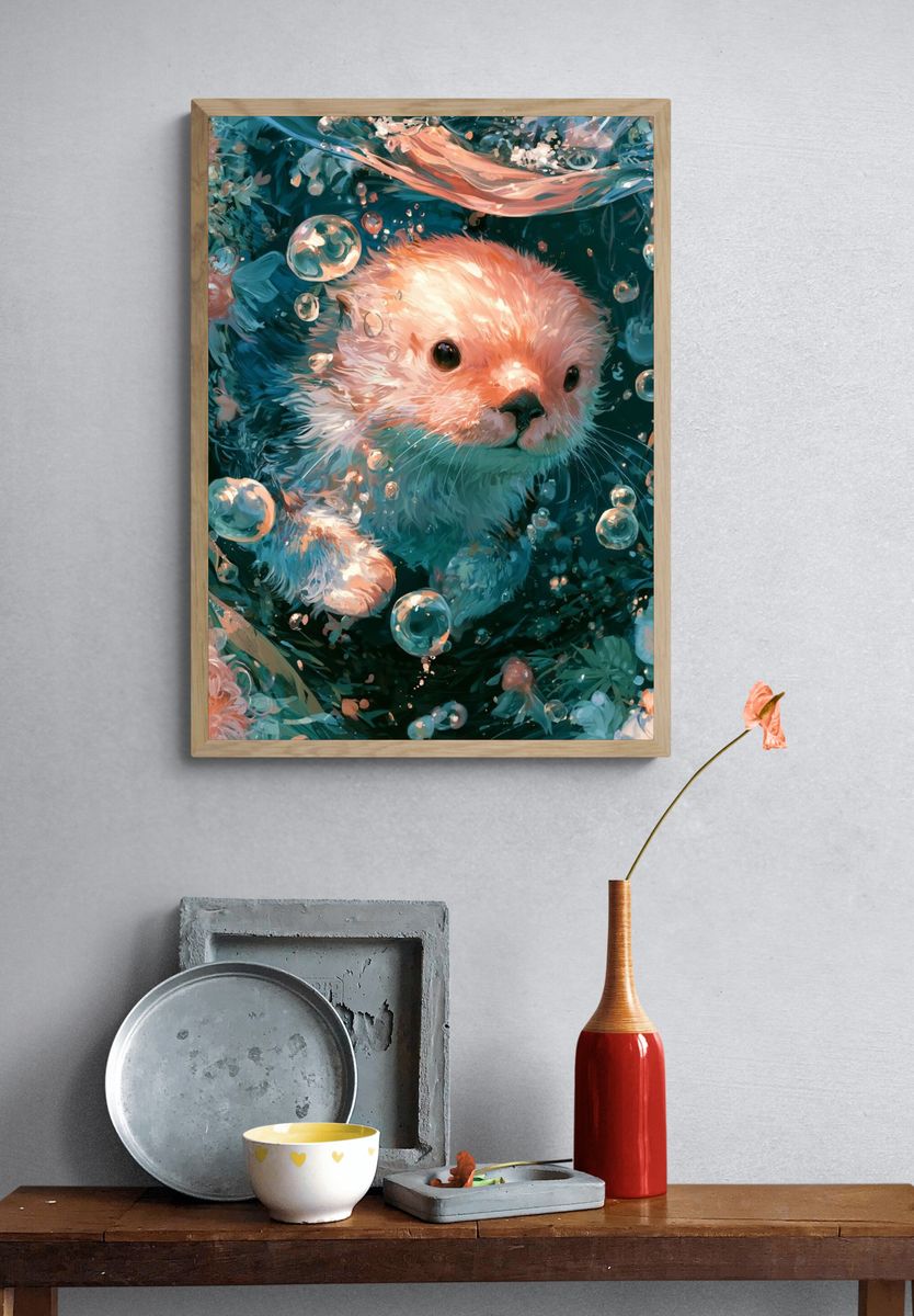 Otter Underwater Illustration Poster. — room view 3